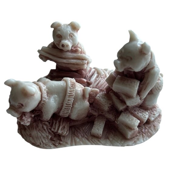 Vintage 1970s Three Little Pigs Marble Figurine Handcrafted Georgia USA Signed
